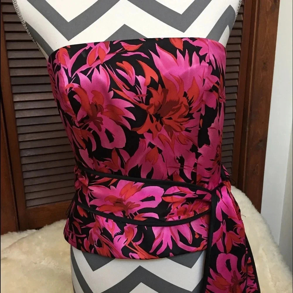 Strapless silk party cocktail flower pink top size 8 with sage Kate hunger NY
